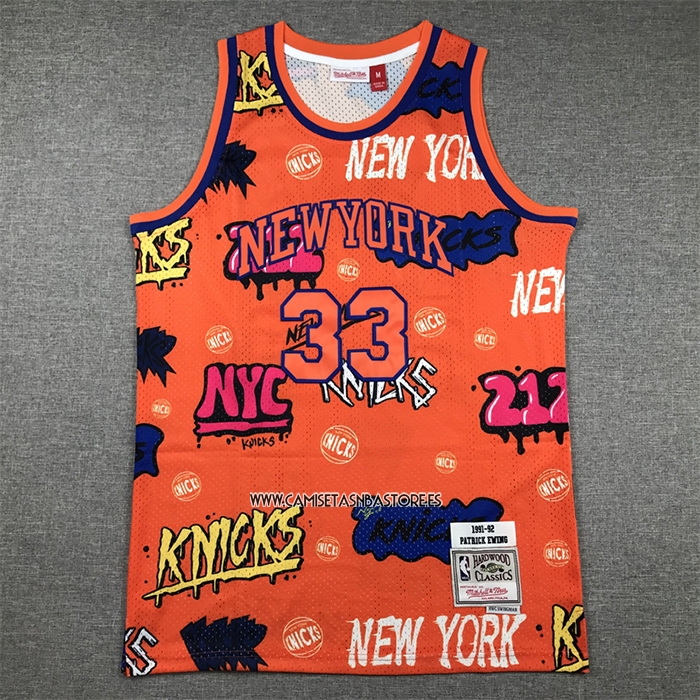 Patrick Ewing NO 33 Camiseta New York Knicks Mitchell & Ness Slap Sticker 1991-92 Naranja